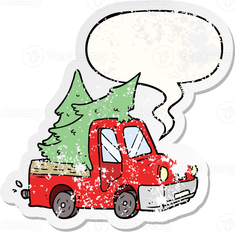 dessin animé ramasser un camion porter Noël des arbres avec discours bulle affligé affligé vieux autocollant png