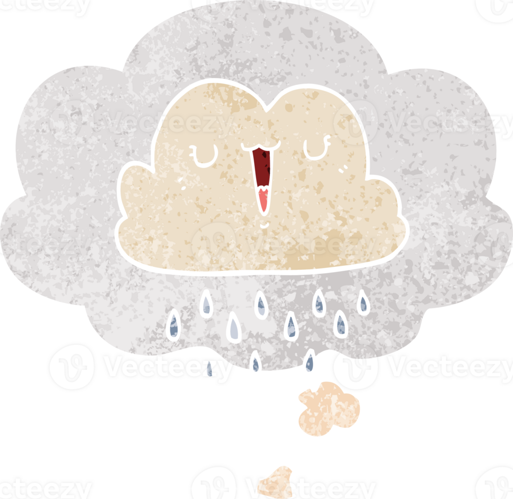 cartoon storm cloud with thought bubble in grunge distressed retro textured style png