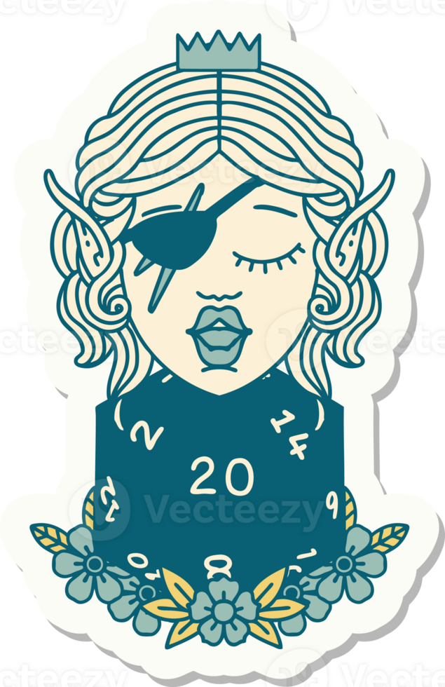 sticker of a elf rogue character with natural twenty dice roll png