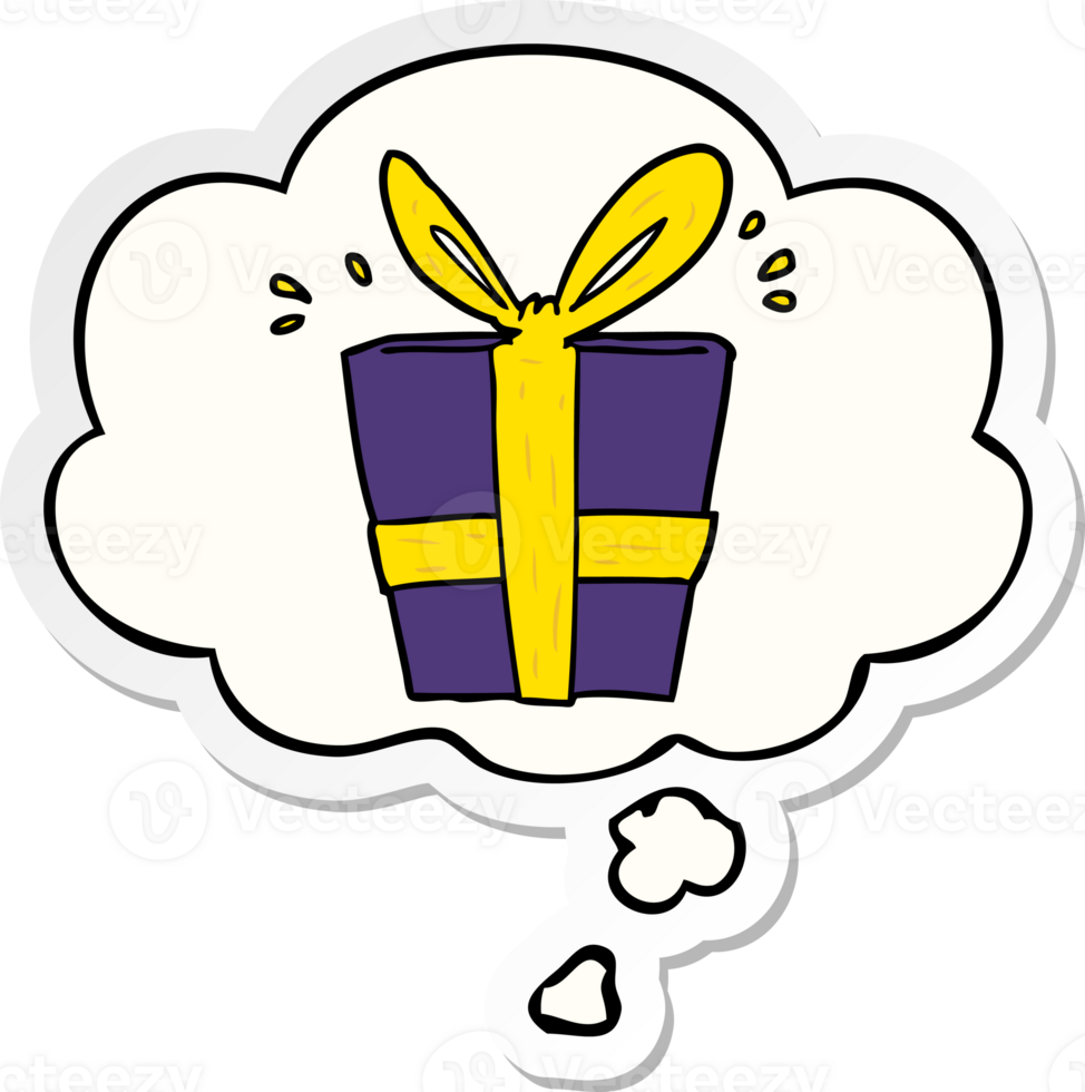 cartoon wrapped gift with thought bubble as a printed sticker png