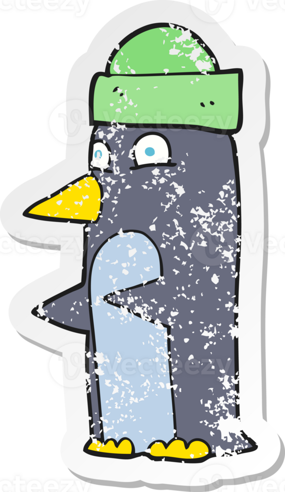retro distressed sticker of a cartoon penguin wearing hat png