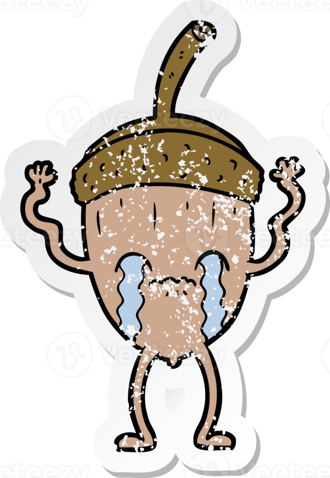 distressed sticker of a cartoon crying acorn png