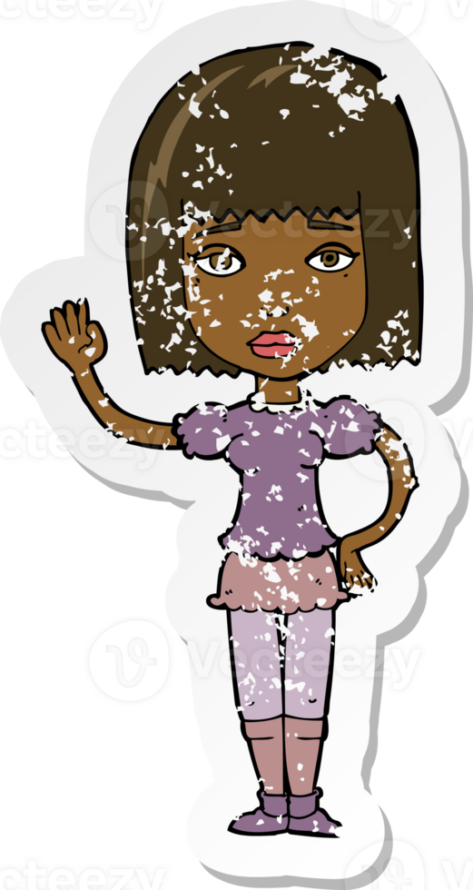 retro distressed sticker of a cartoon woman waving png