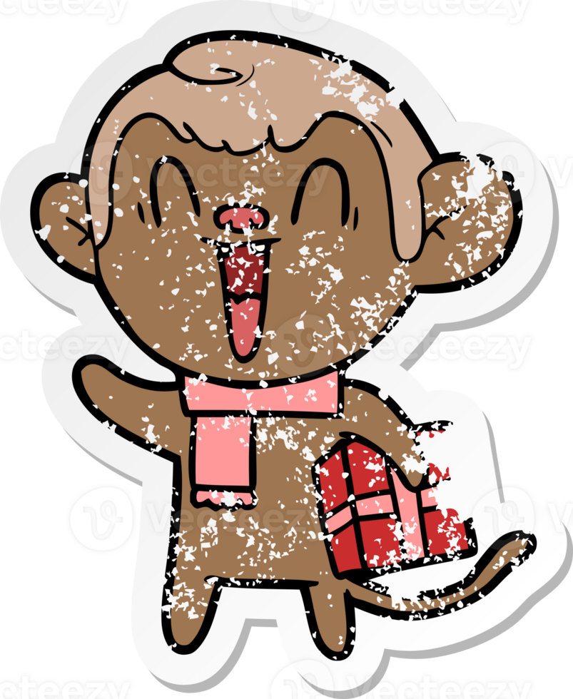 distressed sticker of a cartoon laughing monkey png