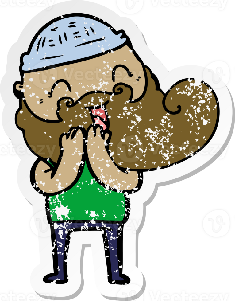 distressed sticker of a happy bearded man laughing png