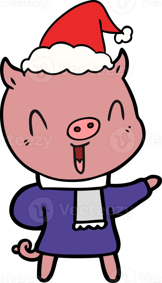 happy hand drawn line drawing of a pig in winter clothes wearing santa hat png
