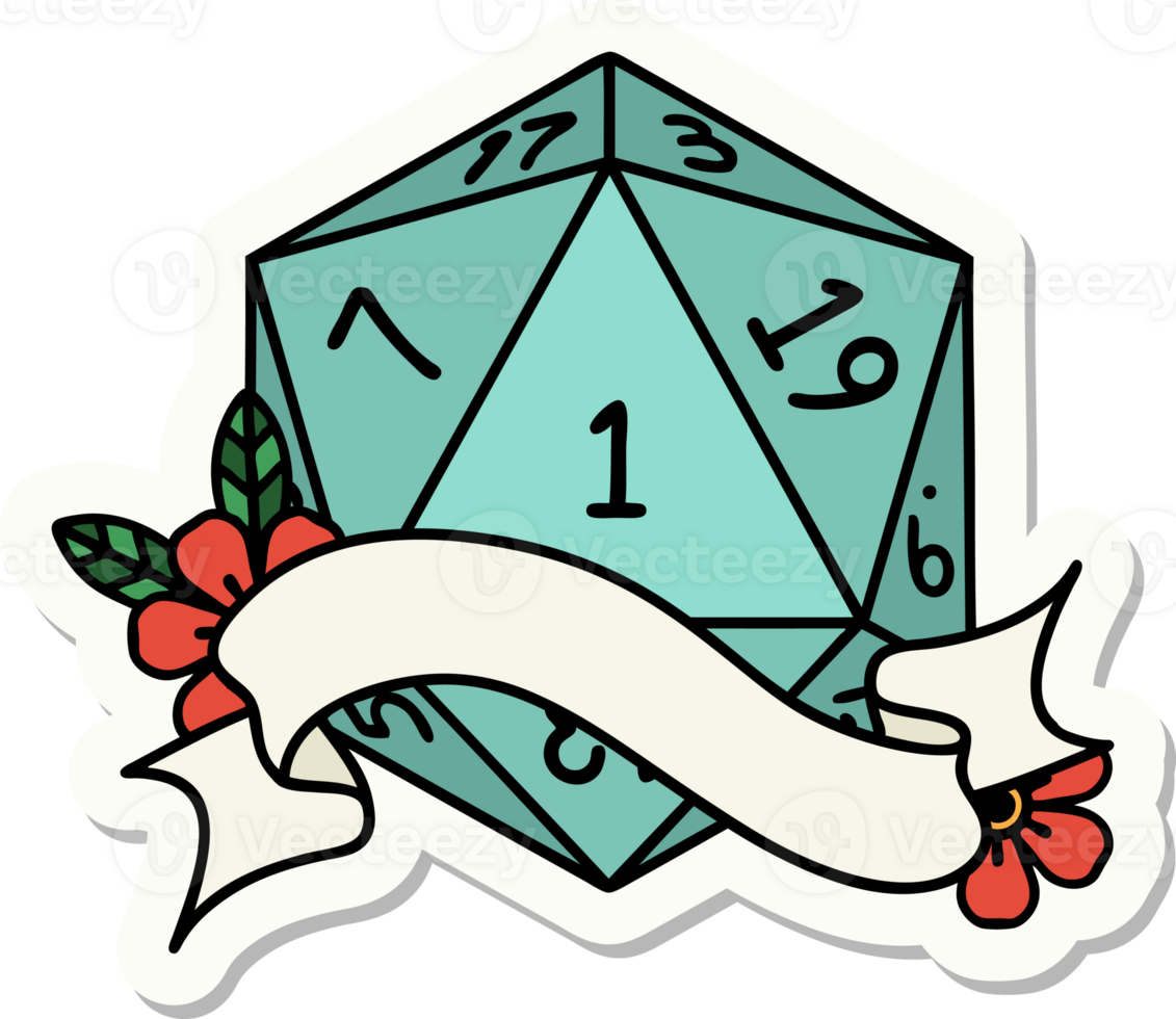 sticker of a natural one d20 dice roll png