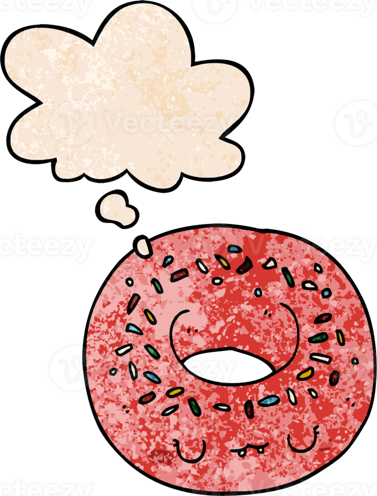 cartoon donut with thought bubble in grunge texture style png