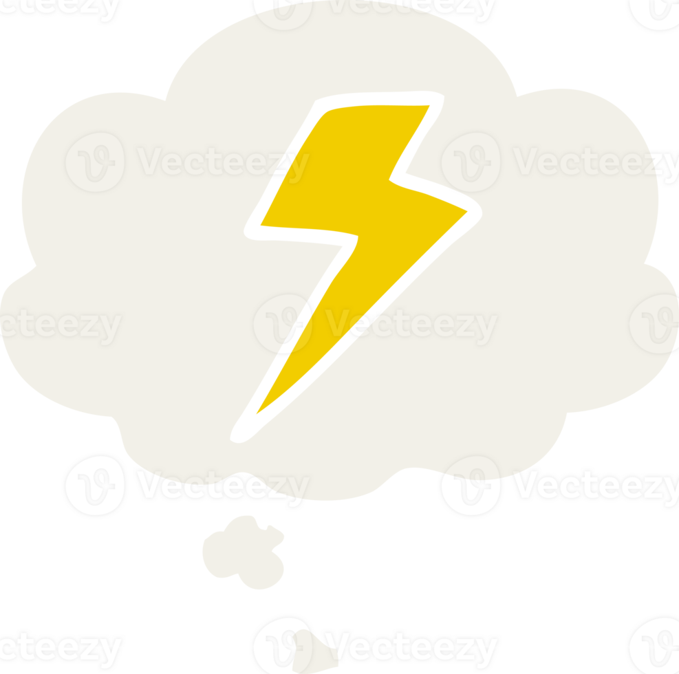 cartoon lightning bolt with thought bubble in retro style png