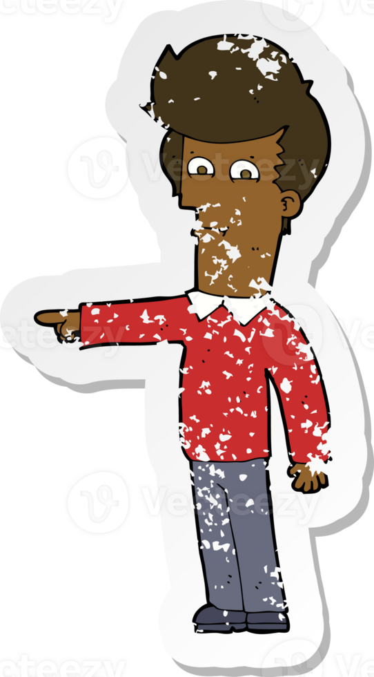 retro distressed sticker of a cartoon man pointing png