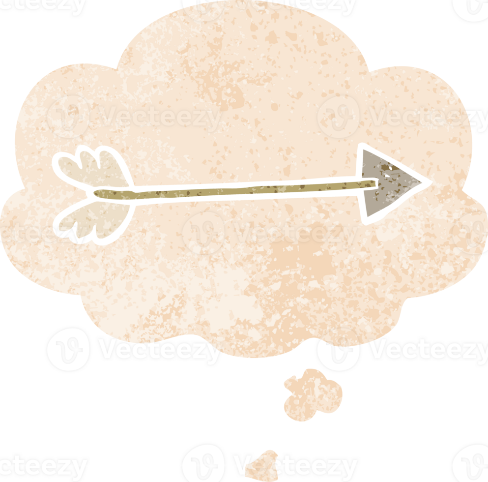 cartoon arrow with thought bubble in grunge distressed retro textured style png