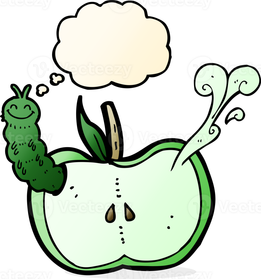 cartoon apple with bug with thought bubble png