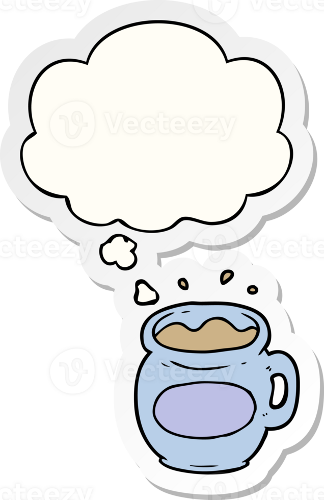 cartoon coffee cup with thought bubble as a printed sticker png