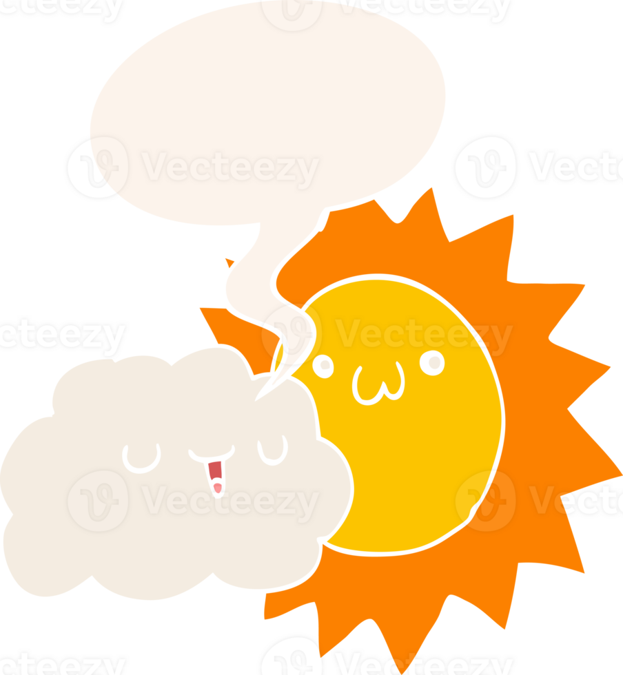 cartoon sun and cloud with speech bubble in retro style png