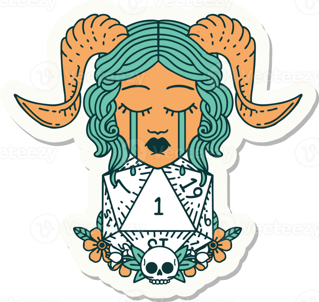 sticker of a crying tiefling with natural one D20 dice roll png
