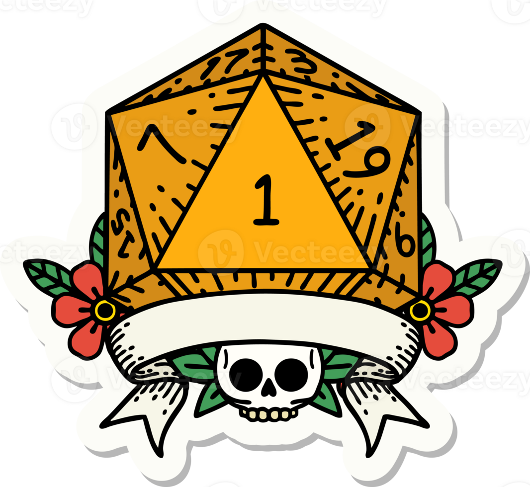 sticker of a natural one d20 dice roll png