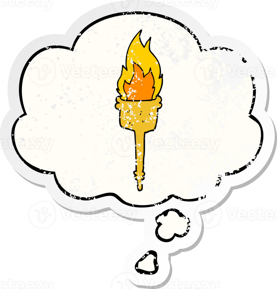 cartoon flaming torch with thought bubble as a distressed worn sticker png