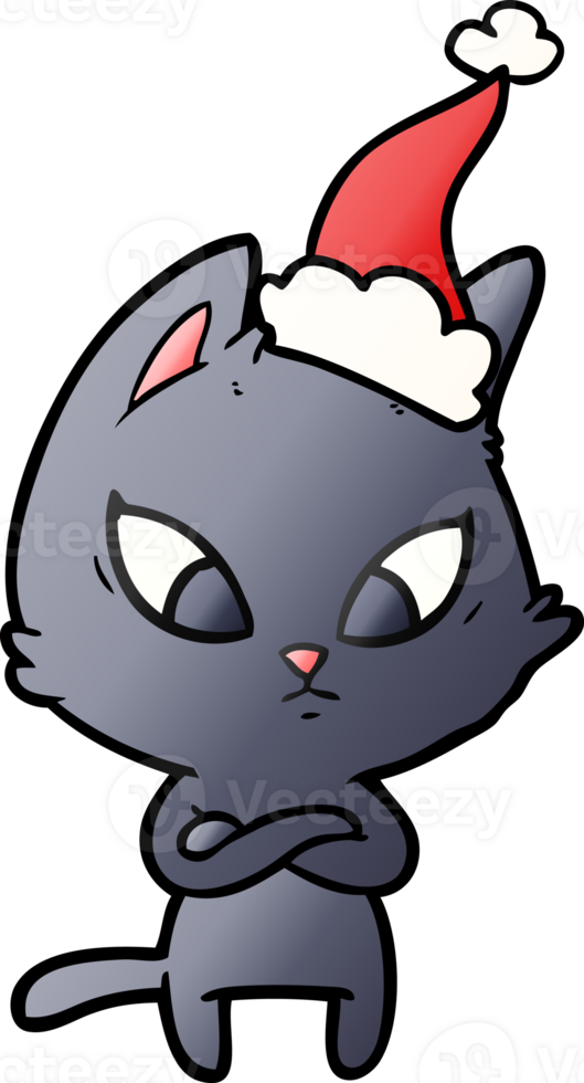 confused hand drawn gradient cartoon of a cat wearing santa hat png