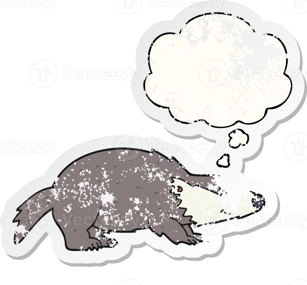 cartoon badger with thought bubble as a distressed worn sticker png