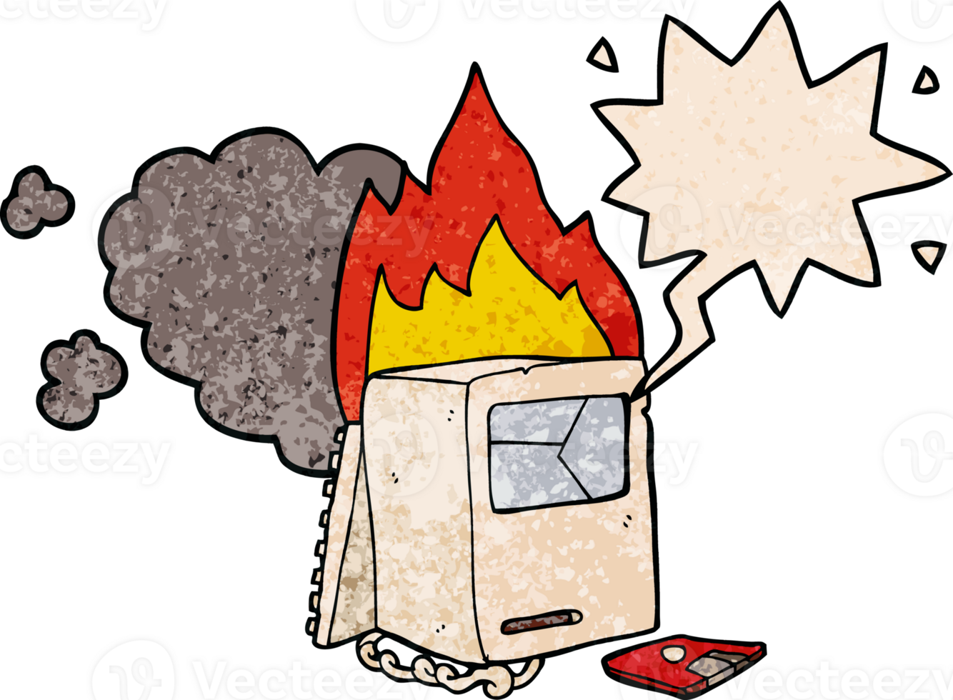 cartoon broken computer with speech bubble in retro texture style png