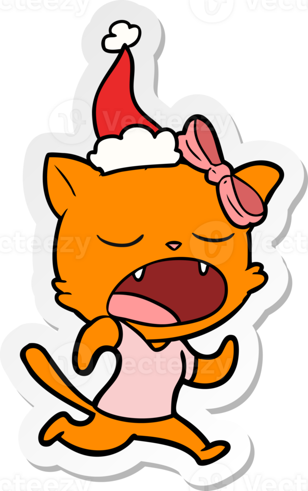 hand drawn sticker cartoon of a yawning cat wearing santa hat png