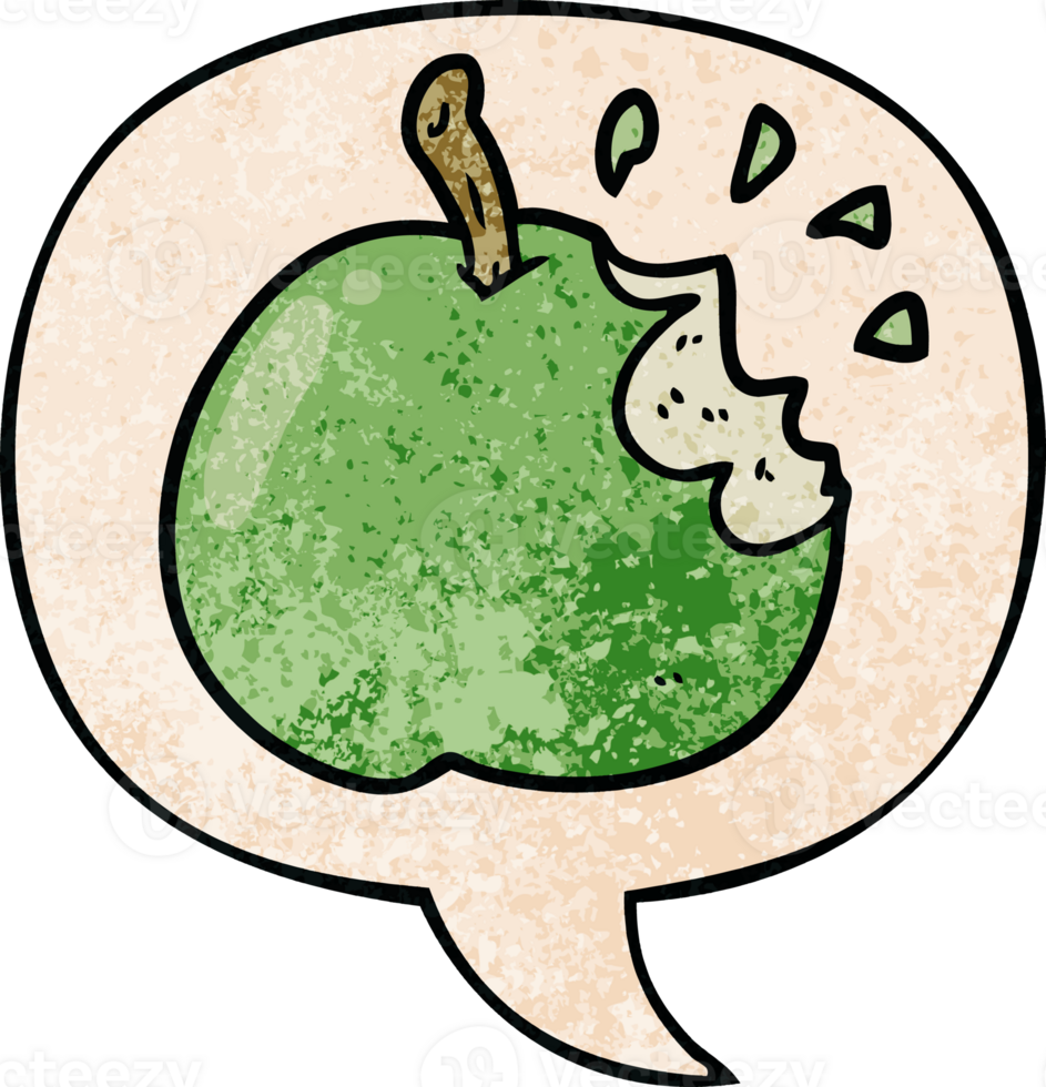 cartoon fresh bitten apple with speech bubble in retro texture style png