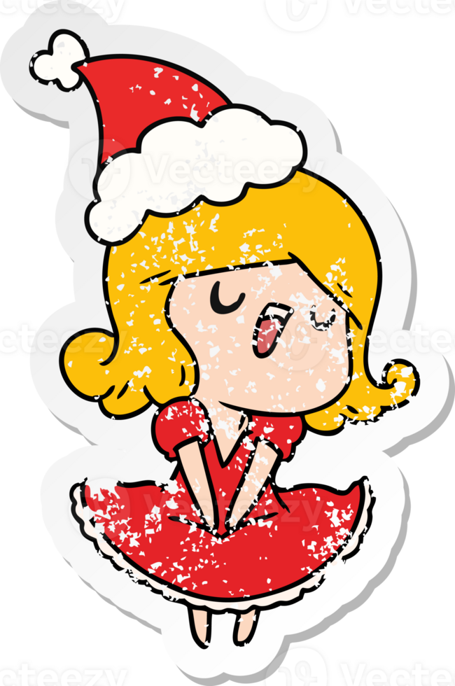 hand drawn christmas distressed sticker cartoon of kawaii girl png