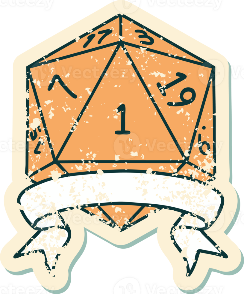 Retro Tattoo Style natural one d20 dice roll png
