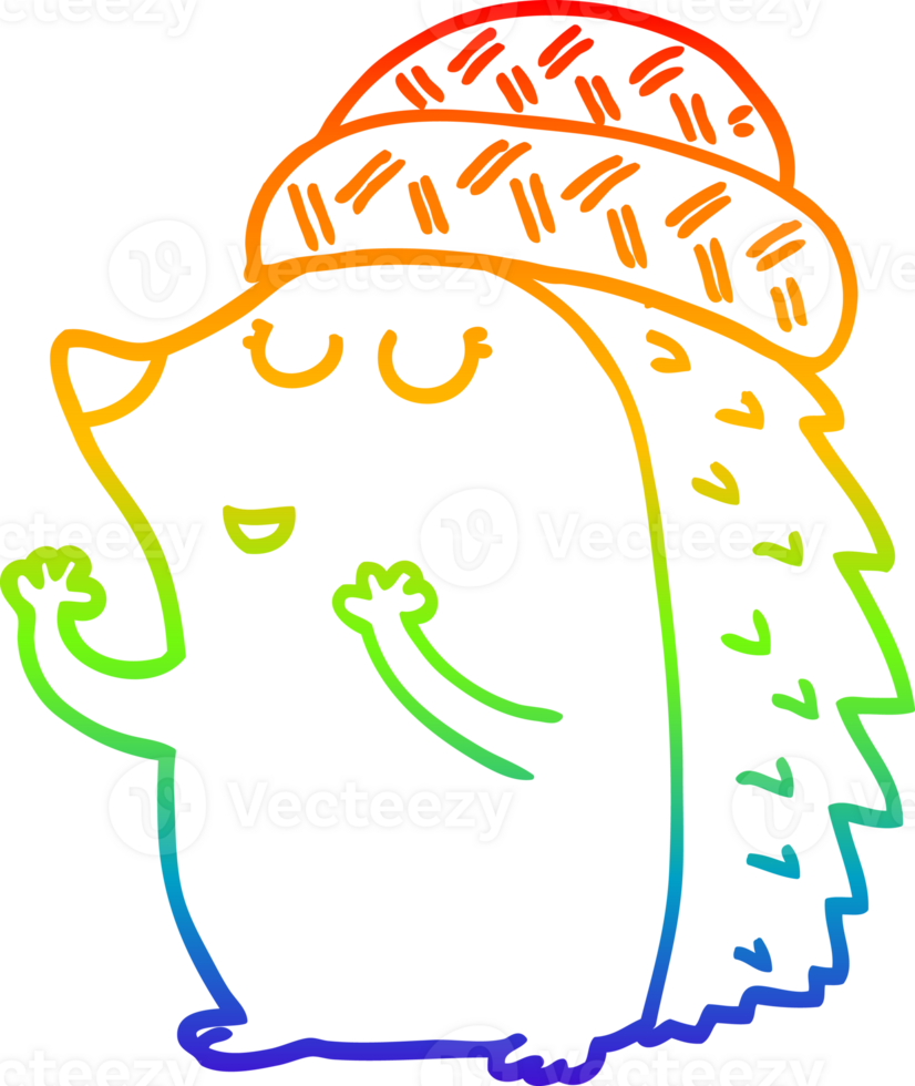rainbow gradient line drawing of a cartoon hedgehog wearing hat png