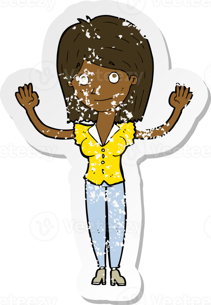 retro distressed sticker of a cartoon woman holding up hands png