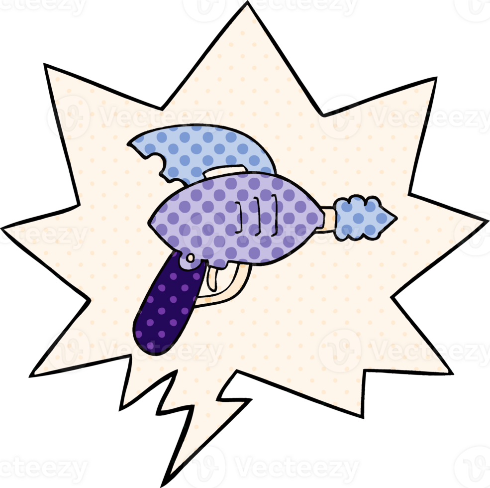 cartoon ray gun with speech bubble in comic book style png