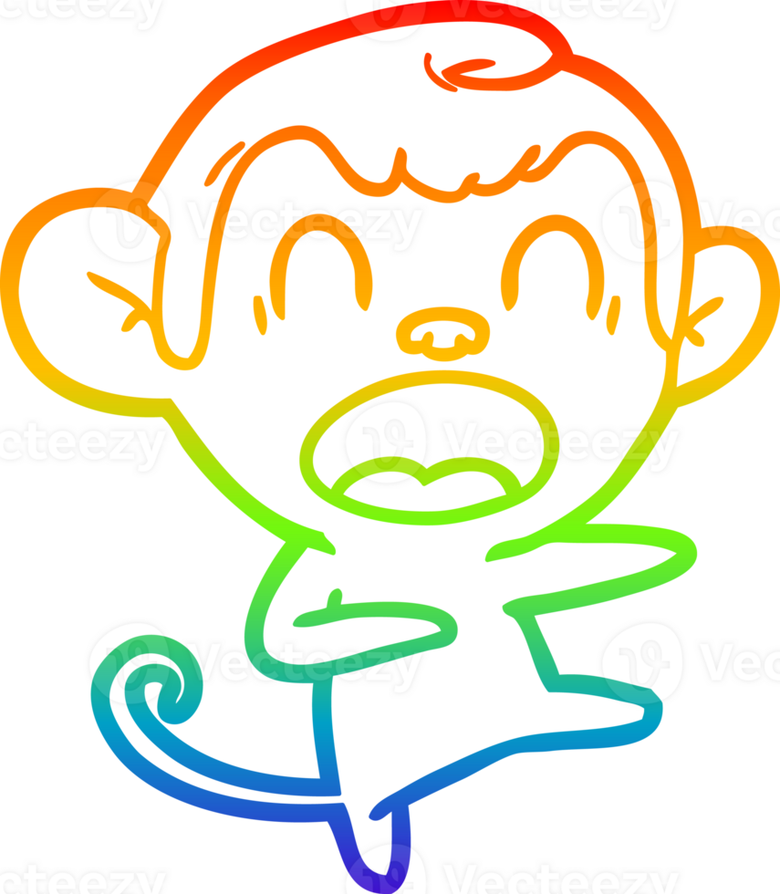 rainbow gradient line drawing of a shouting cartoon monkey dancing png