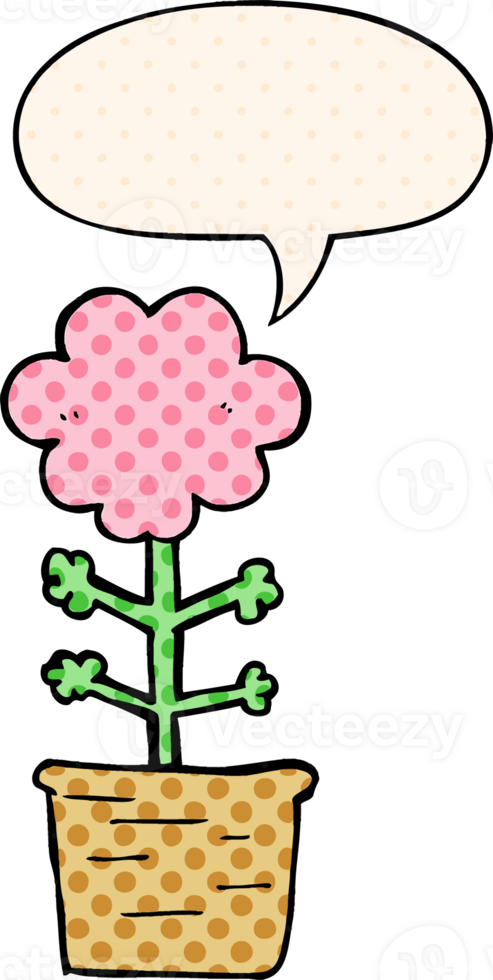 cute cartoon flower with speech bubble in comic book style png