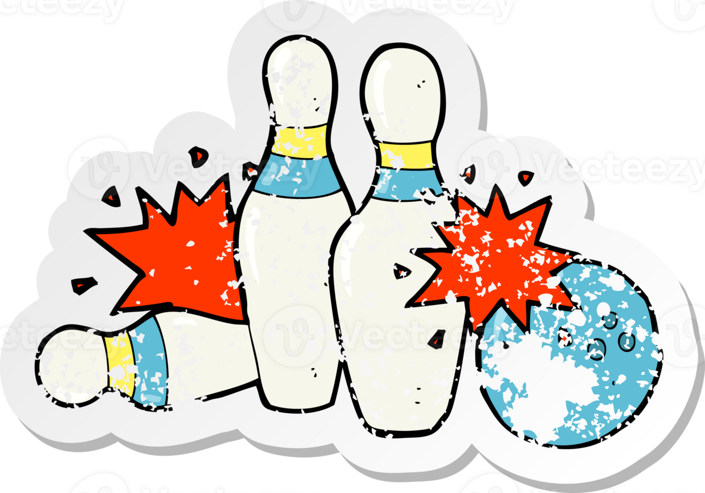 retro distressed sticker of a cartoon bowling ball and skittles png