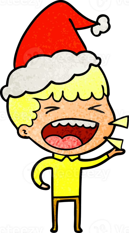 hand drawn textured cartoon of a laughing man wearing santa hat png