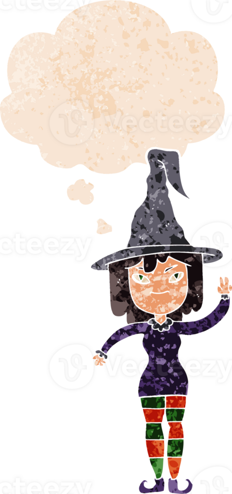 cartoon witch with thought bubble in grunge distressed retro textured style png