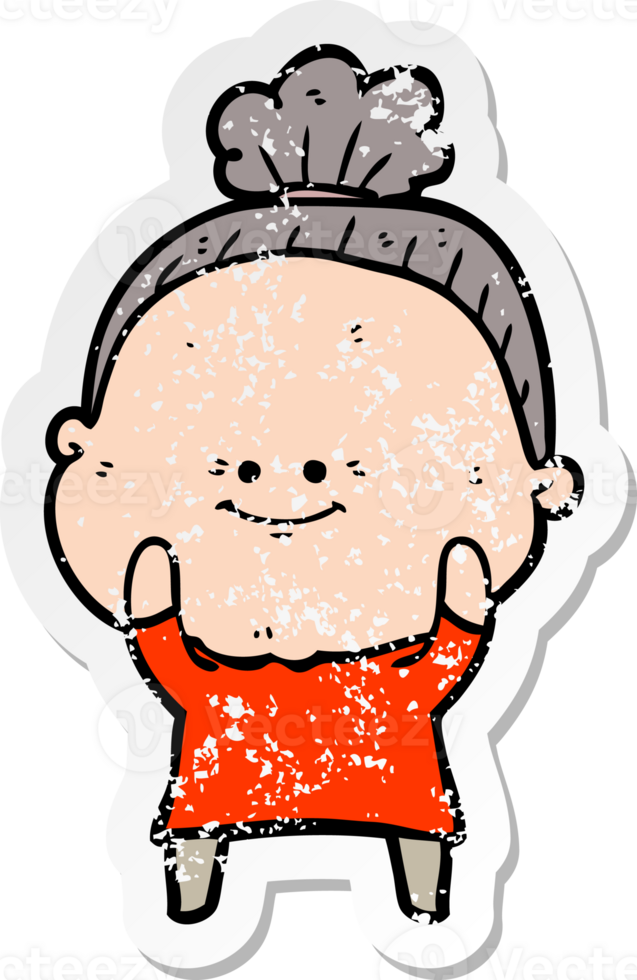 distressed sticker of a cartoon happy old woman png