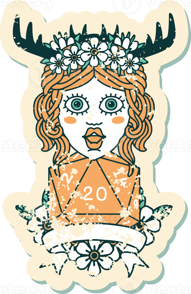 Retro Tattoo Style human druid with natural 20 dice roll png