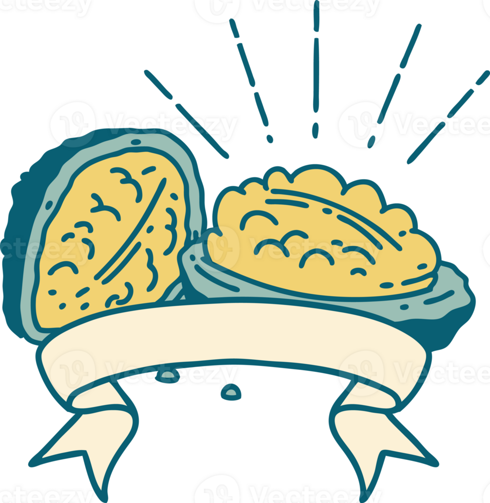 scroll banner with tattoo style walnuts with shell png