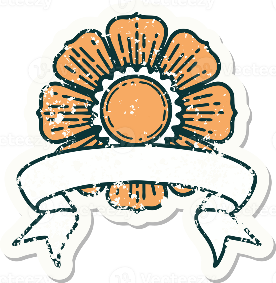 worn old sticker with banner of a flower png