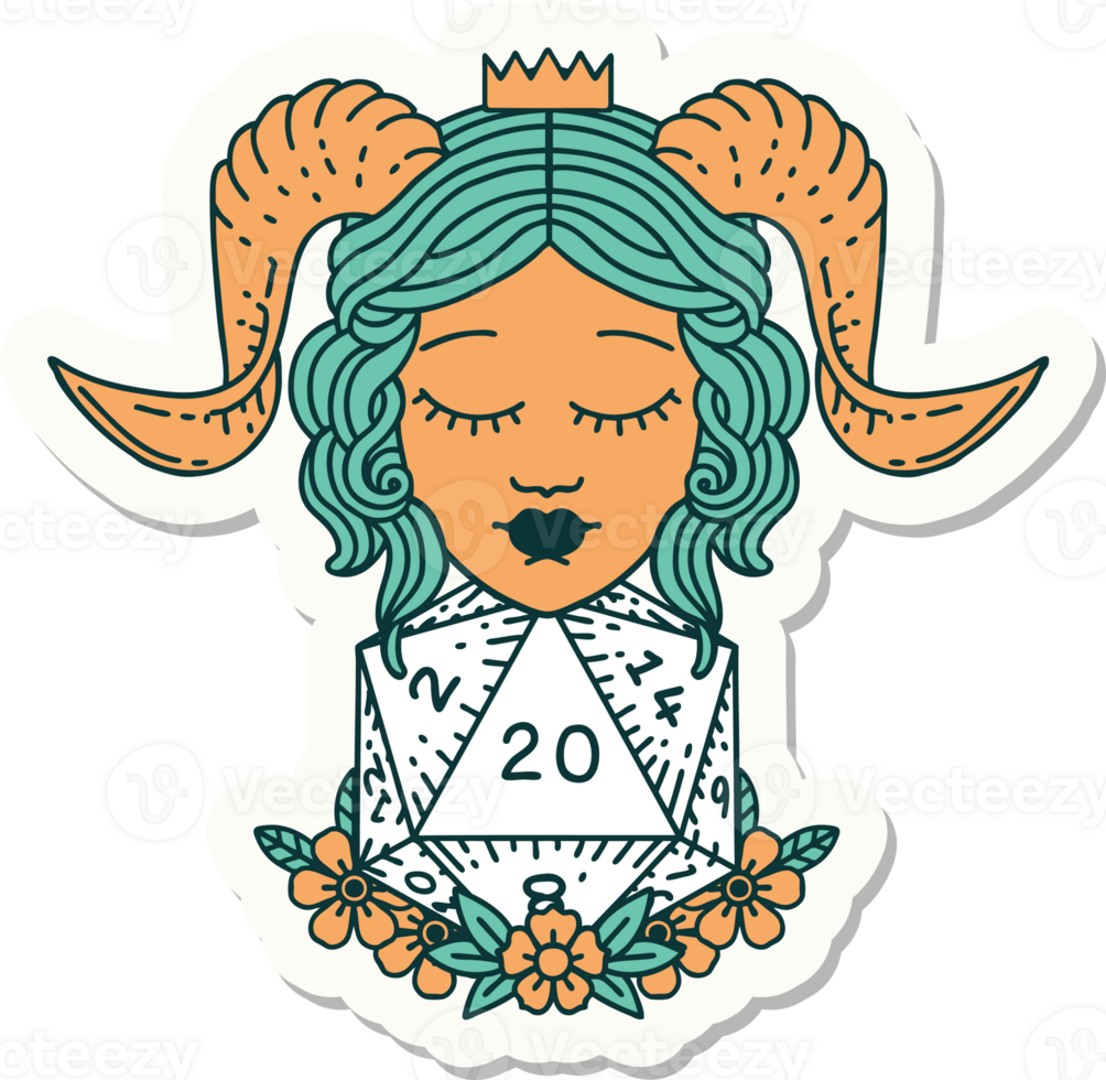 sticker of a tiefling with natural twenty d20 dice roll png