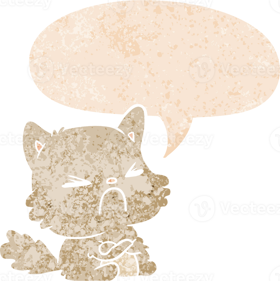 cartoon angry cat with speech bubble in grunge distressed retro textured style png