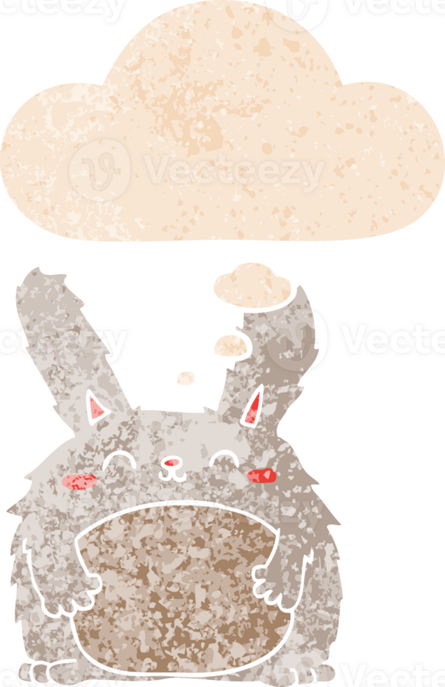 cartoon furry rabbit with thought bubble in grunge distressed retro textured style png