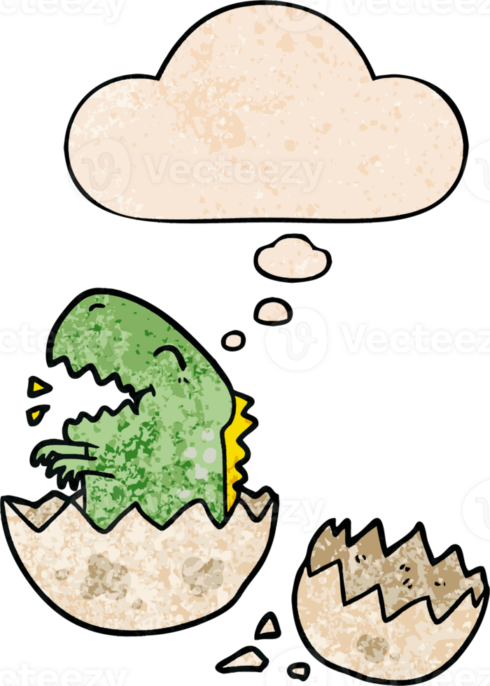 cartoon dinosaur hatching with thought bubble in grunge texture style png