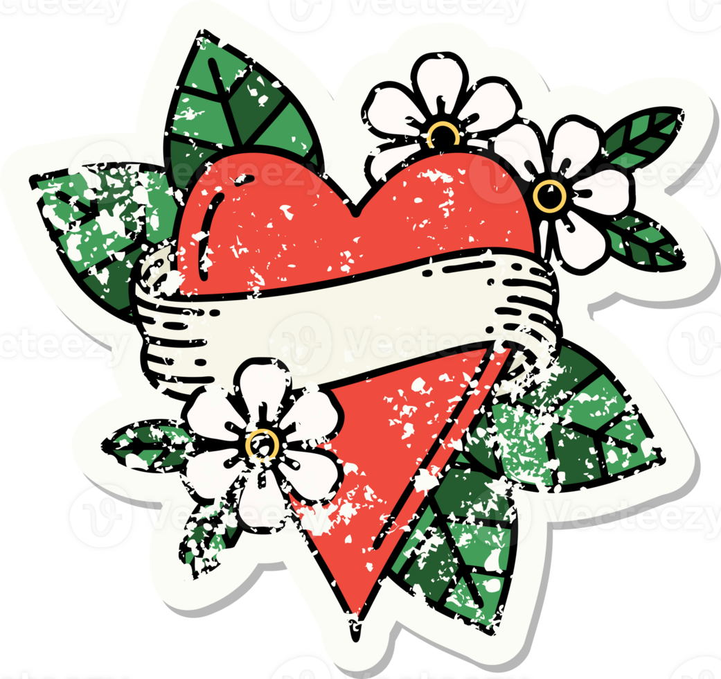 distressed sticker tattoo in traditional style of a heart and banner png