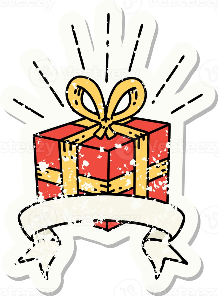 worn old sticker of a tattoo style christmas present png