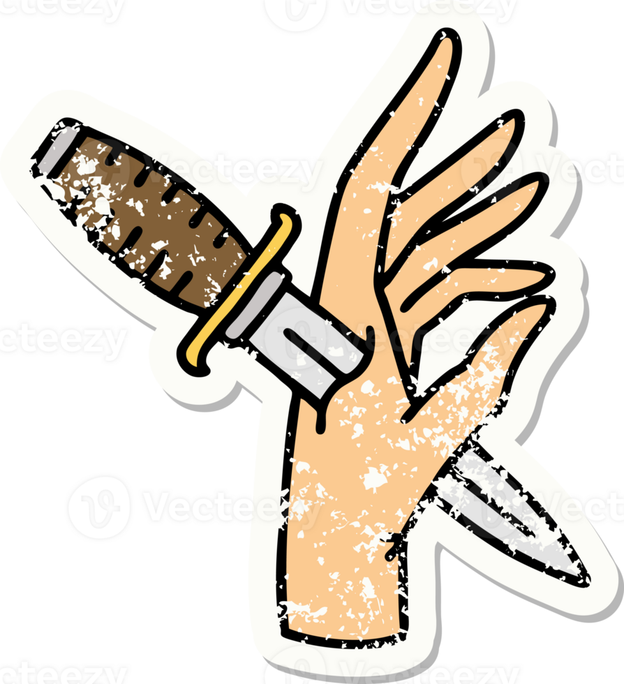 distressed sticker tattoo in traditional style of a dagger in the hand png