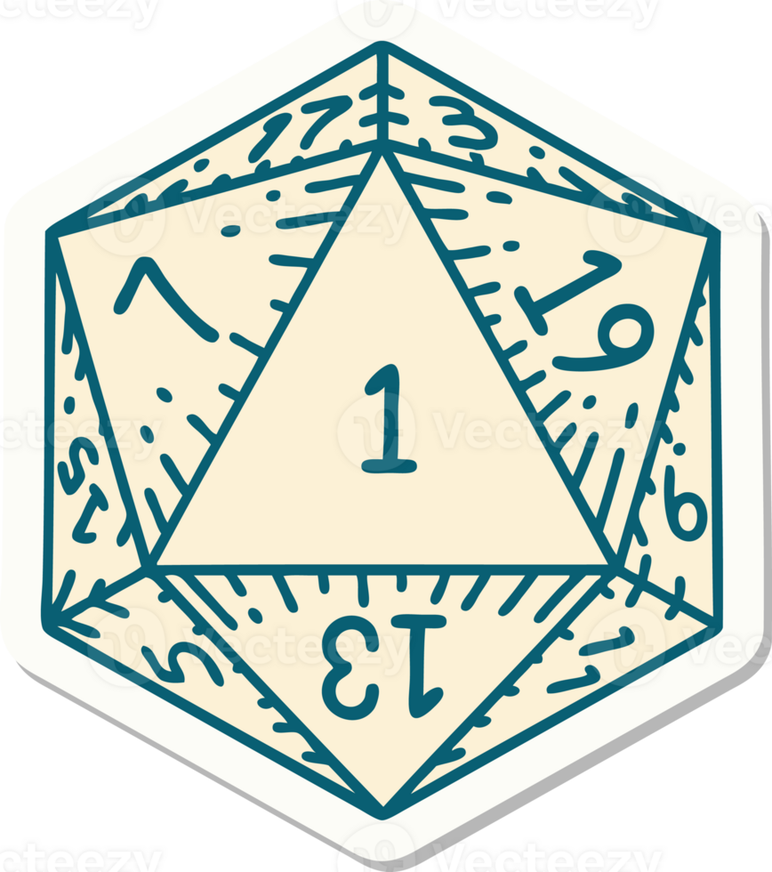 sticker of a natural 1 D20 dice roll png
