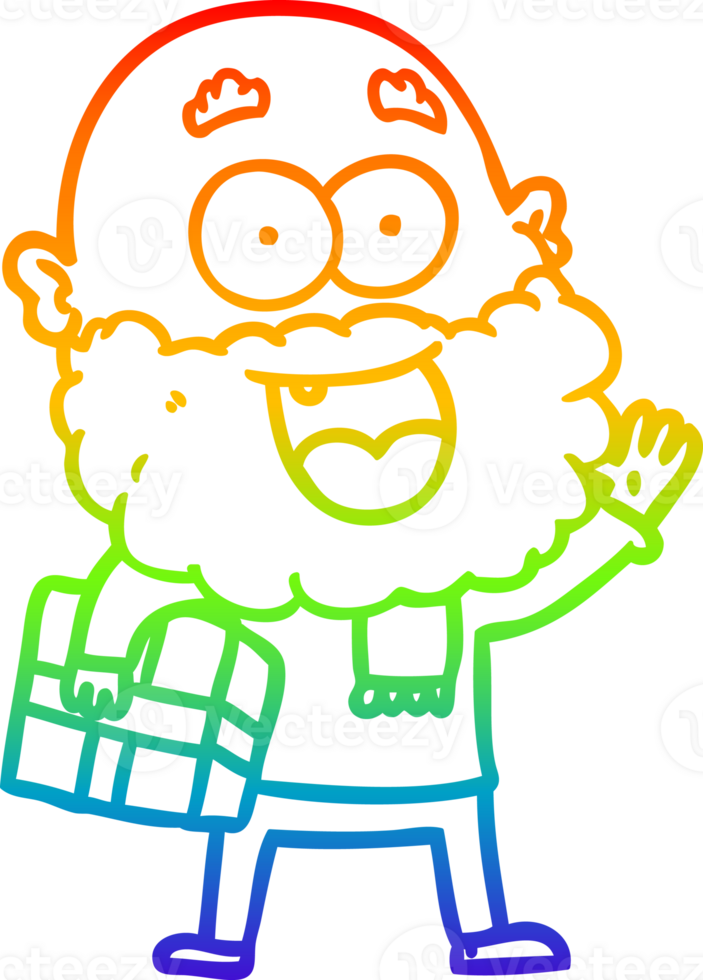 rainbow gradient line drawing of a cartoon crazy happy man with beard and gift under arm png