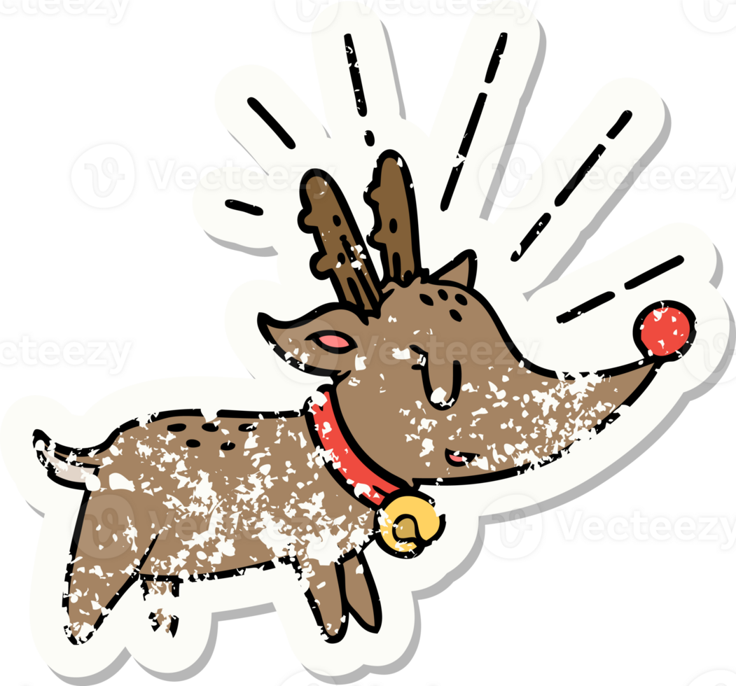 worn old sticker of a tattoo style christmas reindeer png